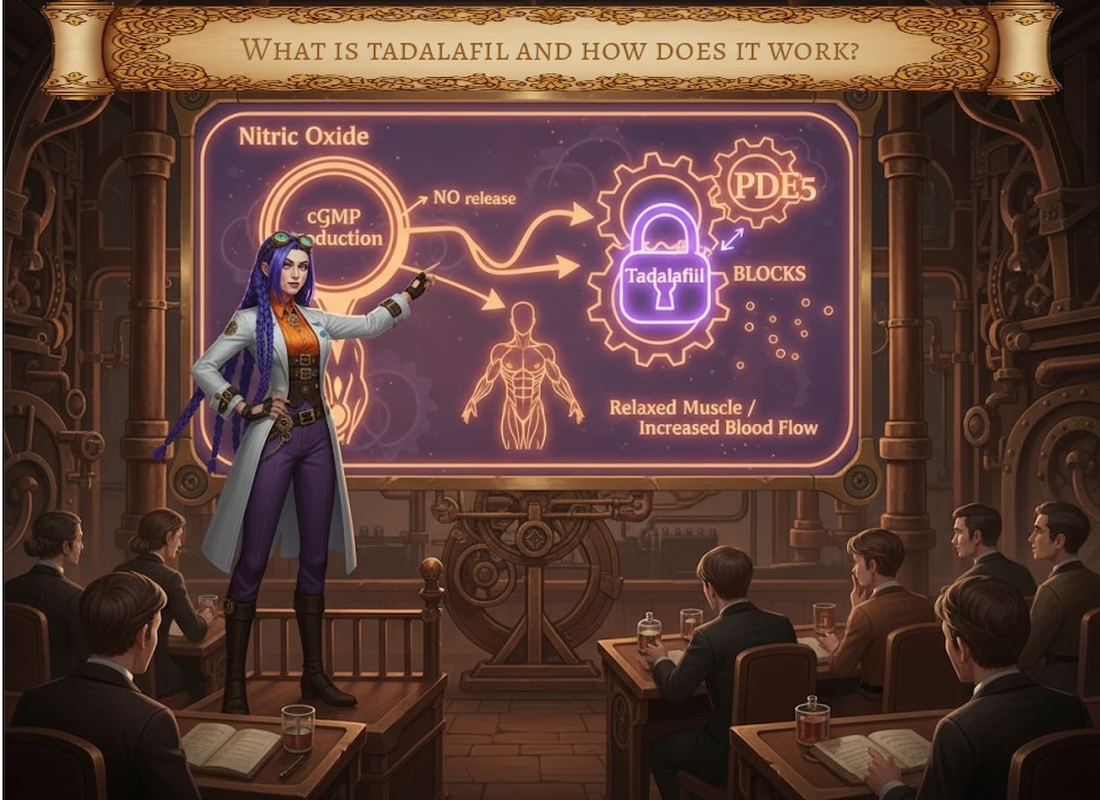 Dr. Rosalind Jex, with long purple braids and a white lab coat, stands at the front of a steampunk lecture theatre. She confidently points to a glowing diagram on a large screen showing how tadalafil works: nitric oxide leads to cGMP production, which relaxes muscles and increases blood flow, while tadalafil blocks the PDE5 enzyme. For more, visit https://courierpharmacy.co.uk
