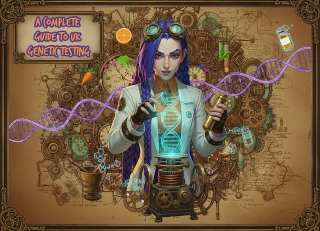 Dr Ada Jex Cori analysing a glowing DNA helix in a steampunk collage surrounded by DNA ribbons, fruit and vitamin icons, for courierpharmacy.co.uk.