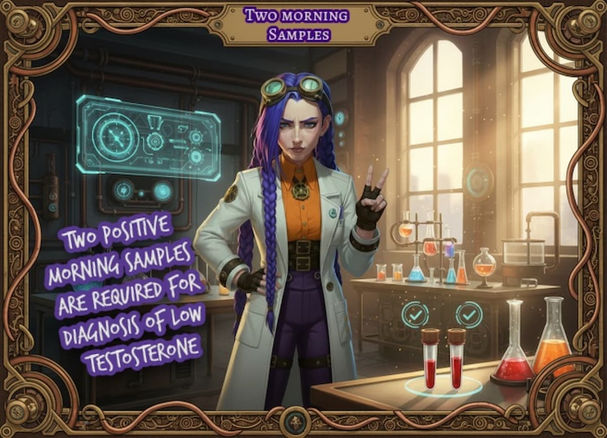 Dr Ada Jex-Cori in a modern steampunk lab with two blood sample vials and morning sunlight, showing that two morning testosterone samples are needed to confirm low testosterone on courierpharmacy.co.uk.