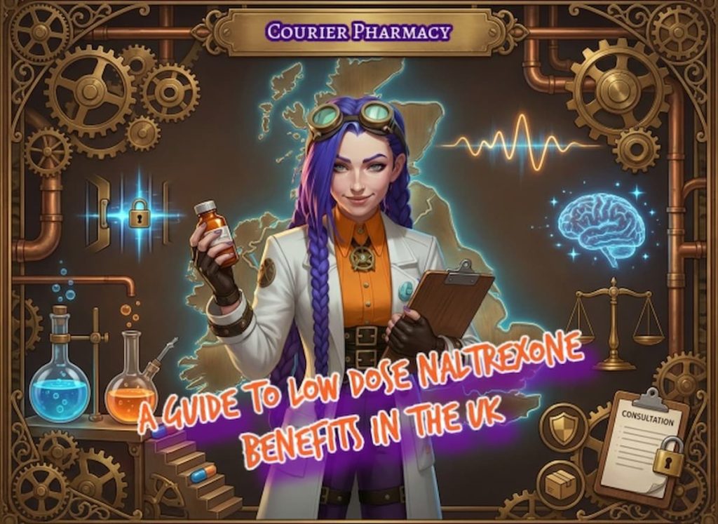 Dr Ada Jex Cori in a steampunk collage hero image for courierpharmacy.co.uk, with a UK map backdrop and visuals showing low dose naltrexone benefits, endorphin rebound, microglia calming, immune balance, and safe access.