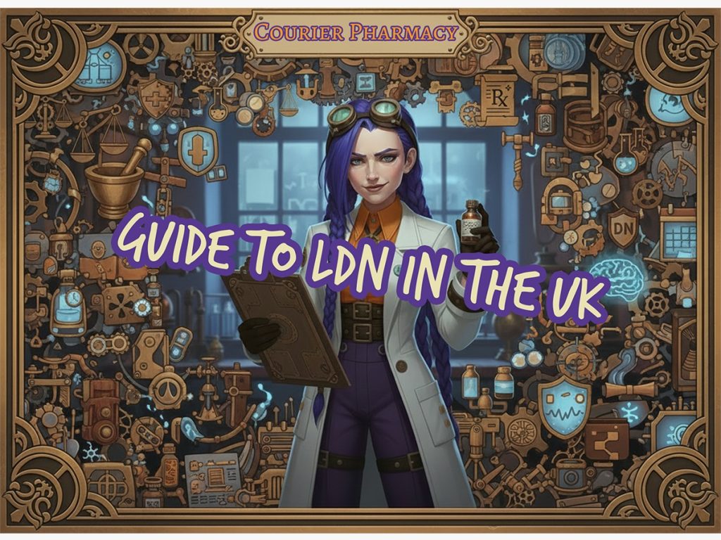 Dr Ada Jex Cori holding an LDN bottle in a steampunk lab cover image for courierpharmacy.co.uk, titled guide to LDN in the UK.