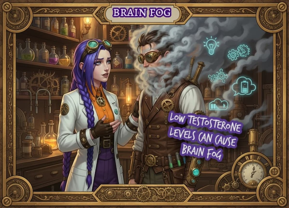 Dr Ada Jex Cori supports a man with a fog cloud around his head in a steampunk lab, illustrating brain fog as a possible symptom of low testosterone on courierpharmacy.co.uk.
