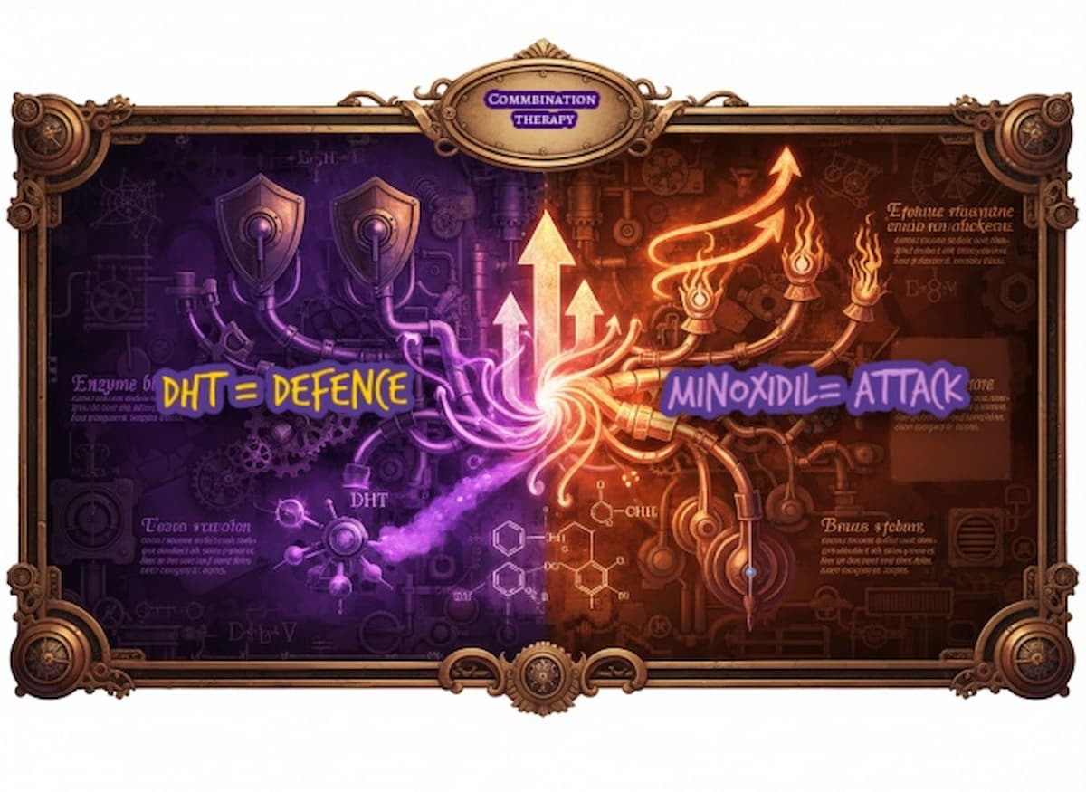 Minoxidil + Finasteride Combination: Gold Standard Hair Loss Treatment | courierpharmacy.co.uk Steampunk split-screen infographic showing finasteride (purple, DHT blocking) and minoxidil (orange, growth stimulation) merging together with glowing synergy effect at courierpharmacy.co.uk.
