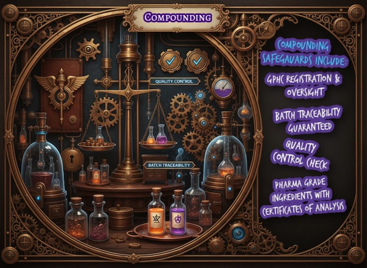 GPhC-Regulated Compounding Pharmacy | Quality & Safety Guaranteed | courierpharmacy.co.uk Steampunk compounding pharmacy laboratory showing GPhC registration, quality control checkmarks, batch traceability, precision scales, and regulated pharmacy safety elements at courierpharmacy.co.uk.