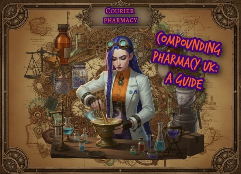 Dr Ada Jex Cori mixes a compounded preparation with a mortar and pestle in a steampunk pharmacy collage, representing bespoke treatments from a UK compounding pharmacy at courierpharmacy.co.uk.