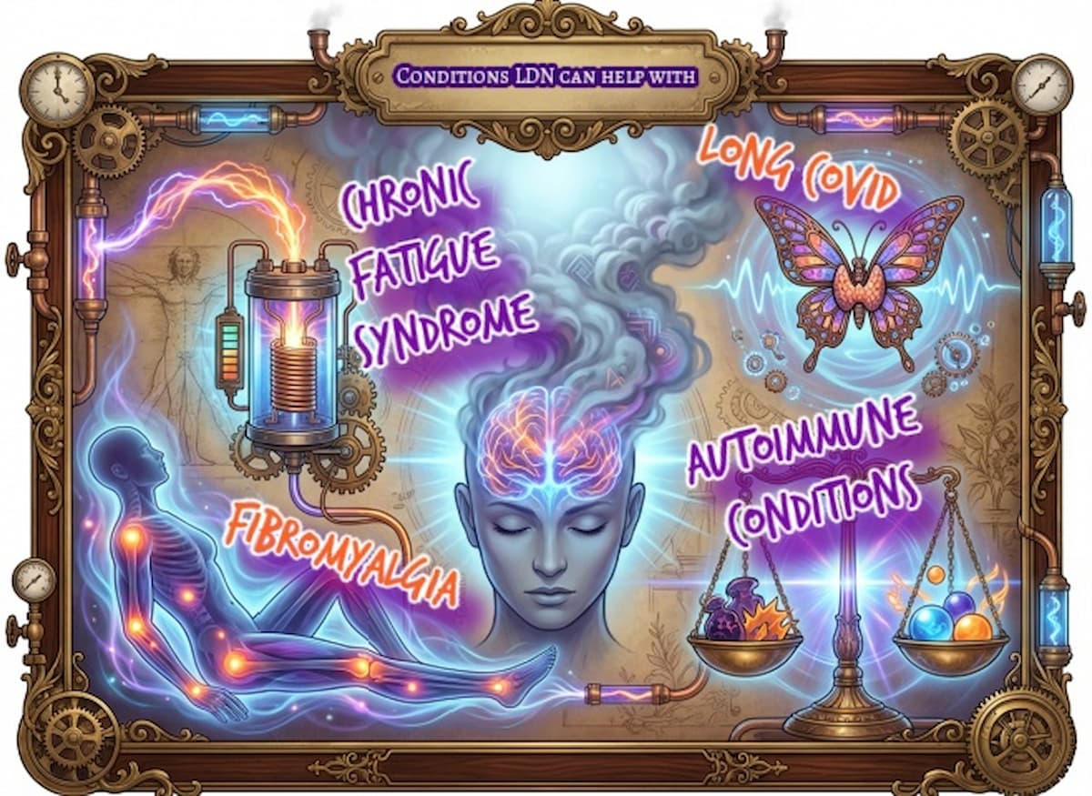 Steampunk medical collage showing conditions that may benefit from low dose naltrexone, including pain, fatigue and brain fog themes for courierpharmacy.co.uk.