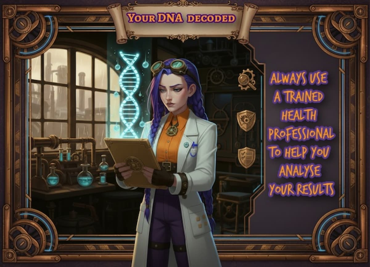 Dr Ada Jex Cori reading a report beside a glowing DNA helix in a steampunk lab infographic with space for key takeaways, for courierpharmacy.co.uk.