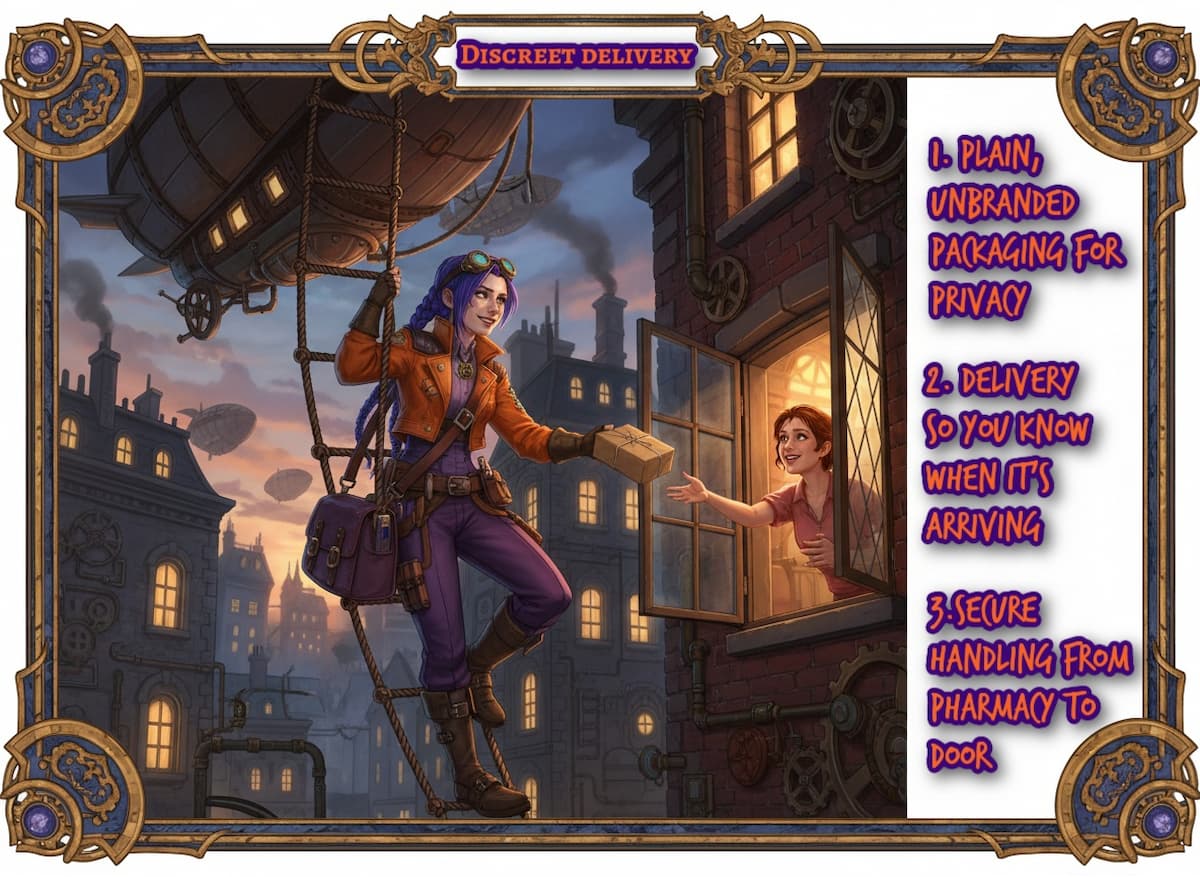 Discreet delivery infographic | courierpharmacy.co.uk Dr Ada Jex Cori delivers a plain parcel from a steampunk airship ladder to a woman at a window, representing discreet online pharmacy delivery in the UK. Title: Discreet delivery infographic | courierpharmacy.co.uk