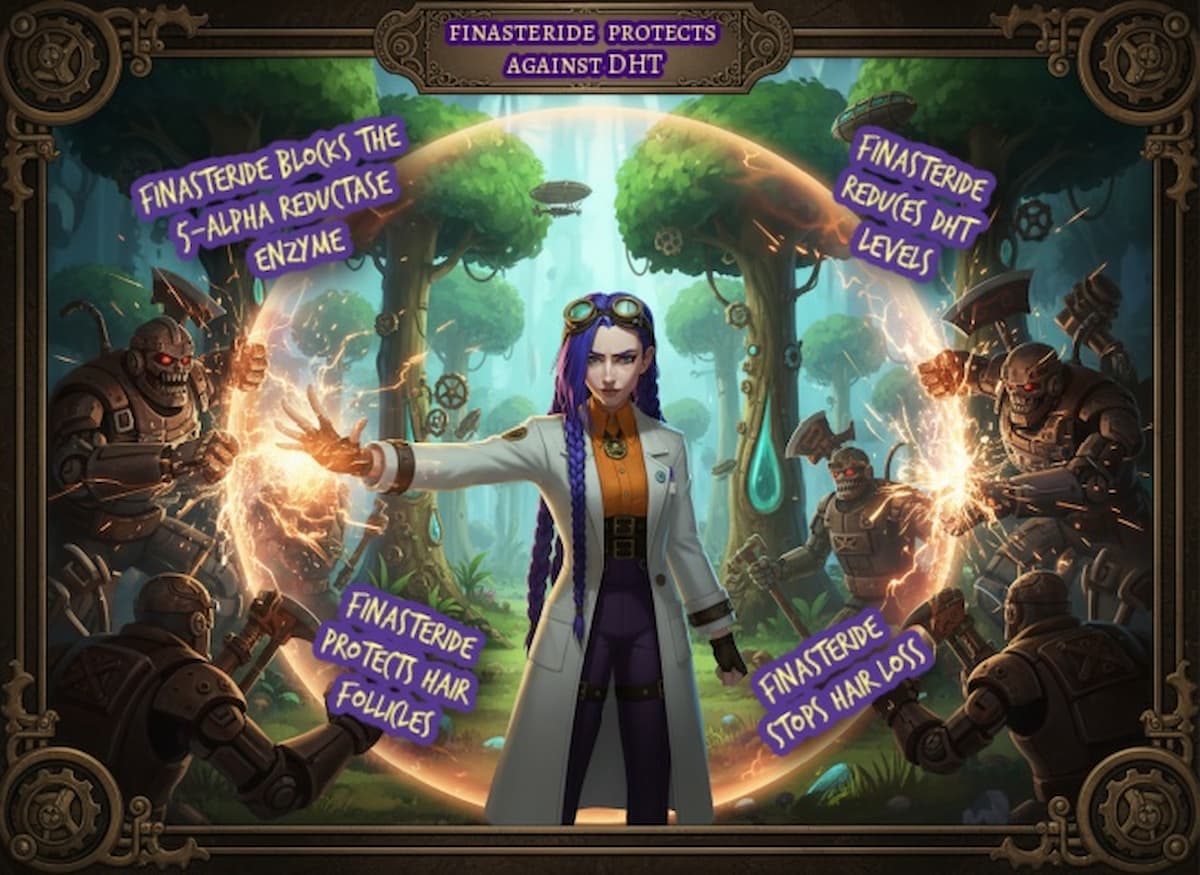 Finasteride: The Protective Orb Against DHT Lumberjacks | Dr Ada Jex Cori | courierpharmacy.co.uk Dr Ada Jex Cori generates a glowing protective orb shield around a verdant steampunk forest of hair follicles, blocking mechanised DHT lumberjacks from entering at courierpharmacy.co.uk.