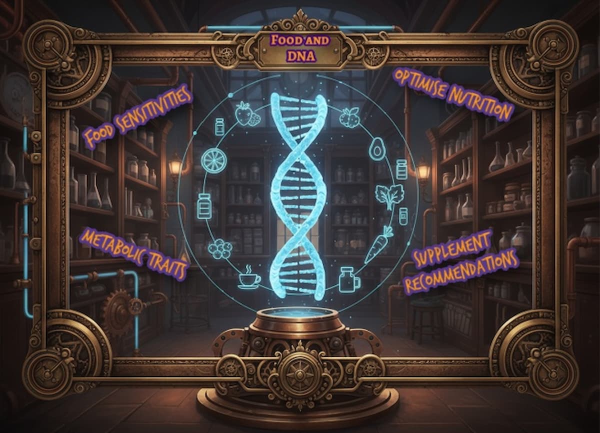 Glowing DNA helix surrounded by holographic fruits, vitamins and coffee icons in a steampunk lab infographic about wellness genetic testing for courierpharmacy.co.uk.