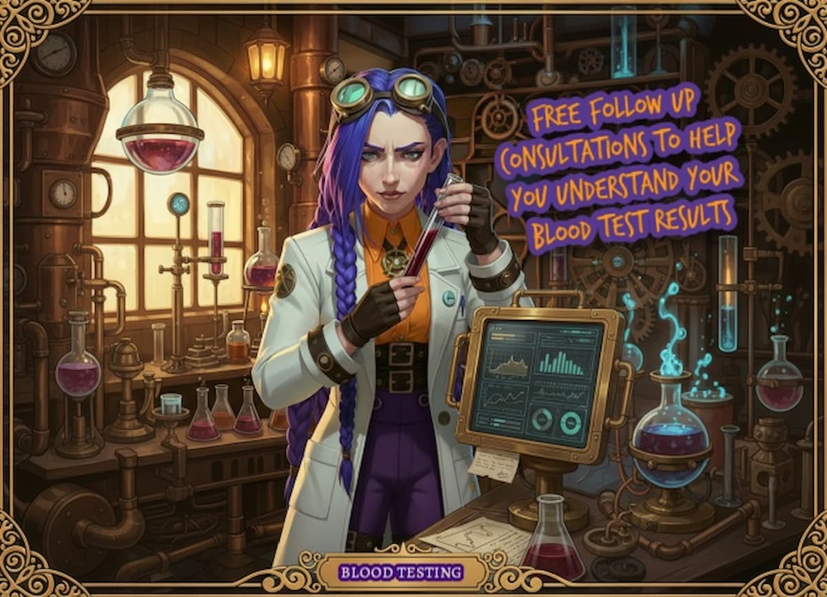 Dr Ada Jex-Cori in a steampunk laboratory offers free follow-up consultations to help you understand your blood test results, Courier Pharmacy branding.