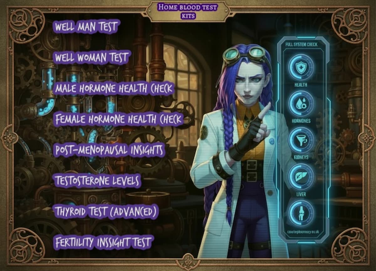 Dr Ada Jex-Cori in a steampunk lab lists available home blood test kits at courierpharmacy.co.uk, including Well Man, Well Woman, hormone, thyroid, and fertility tests.