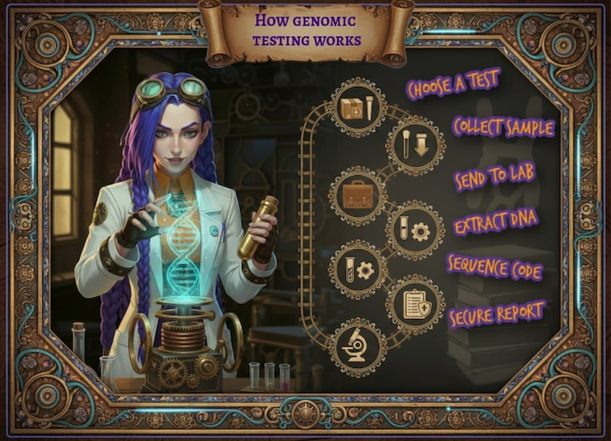 Dr Ada Jex Cori analysing a glowing DNA helix beside an icons-only pathway showing how genomic testing works, infographic for courierpharmacy.co.uk.