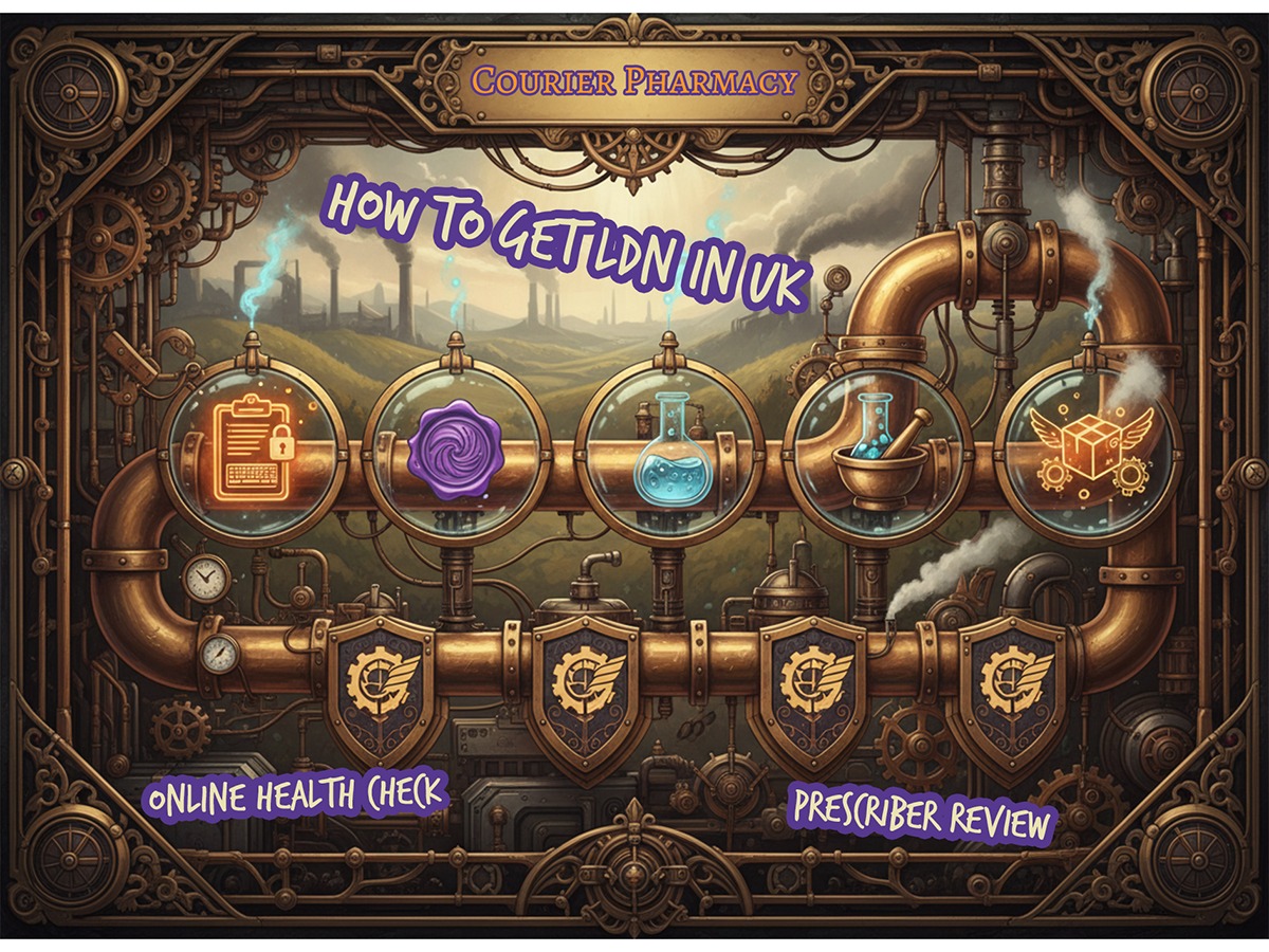 Steampunk pipeline infographic showing how to get low dose naltrexone in the UK via courierpharmacy.co.uk, including online health check, prescriber review, pharmacy preparation, and delivery.