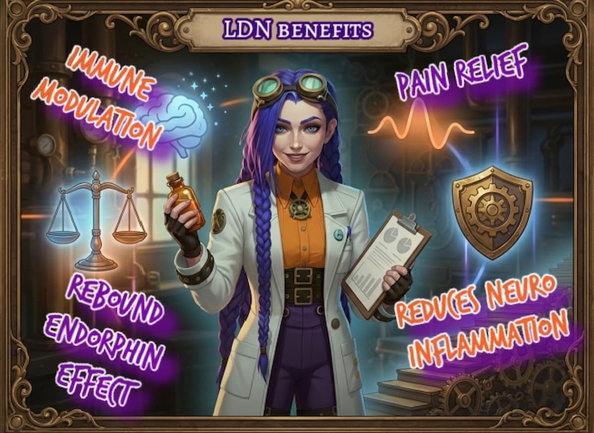 Low Dose Naltrexone Benefits Overview with Dr Ada Jex Cori | courierpharmacy.co.uk Dr Ada Jex Cori in a steampunk pharmacy lab showing a low dose naltrexone benefits overview with immune balance, endorphin support and calmer inflammation for courierpharmacy.co.uk.