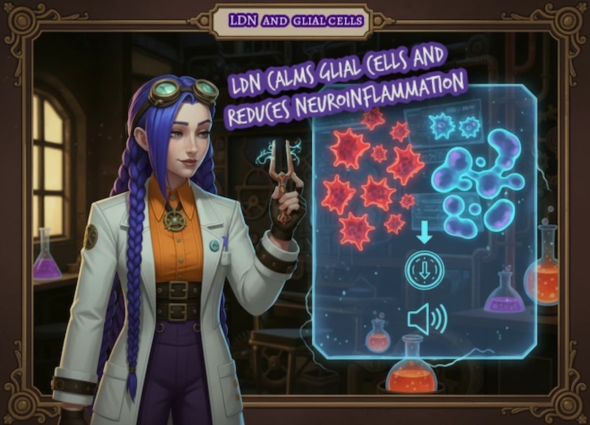 How LDN may calm glial cells with Dr Ada Jex Cori | courierpharmacy.co.uk Dr Ada Jex Cori in a steampunk lab holding a tuning tool as a hologram shows glial cells calming and pain signal volume turning down for LDN on courierpharmacy.co.uk.