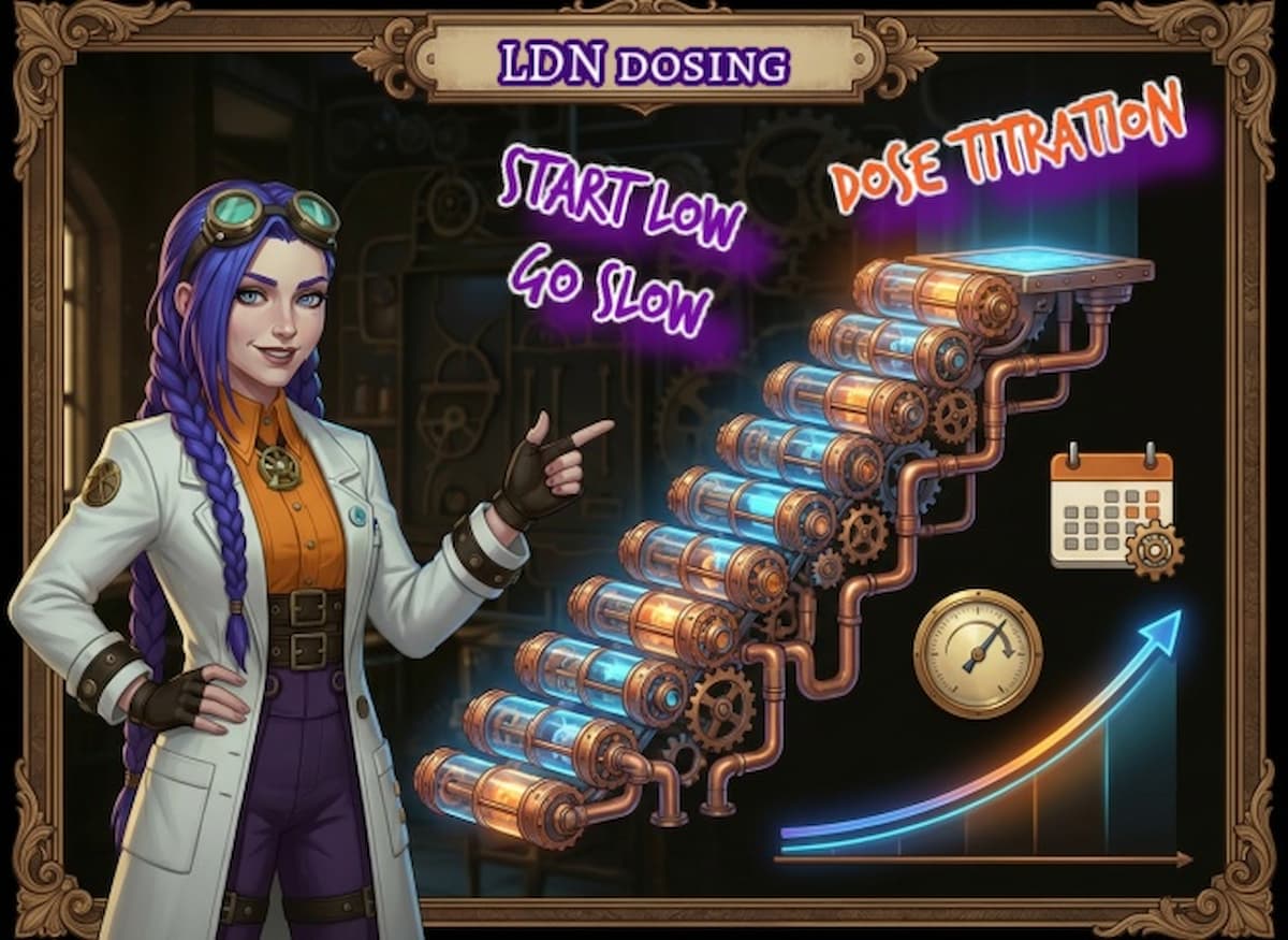 Start Low Go Slow LDN Titration with Dr Ada Jex Cori | courierpharmacy.co.uk Dr Ada Jex Cori pointing to a steampunk staircase of capsules showing start low go slow low dose naltrexone titration for courierpharmacy.co.uk.