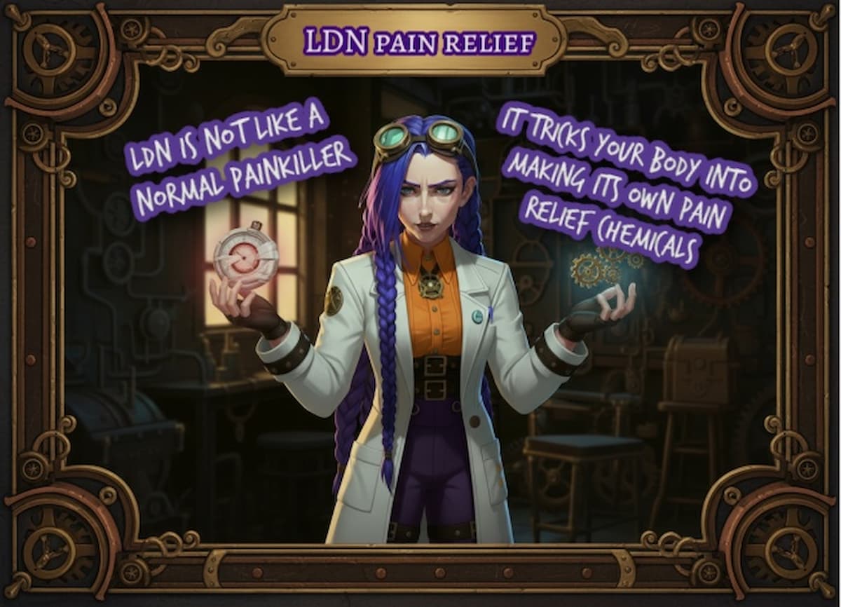 LDN is not a standard painkiller with Dr Ada Jex Cori | courierpharmacy.co.uk Dr Ada Jex Cori in a steampunk lab holding a bandage over a gauge and glowing gears to show low dose naltrexone is not a standard painkiller on courierpharmacy.co.uk.