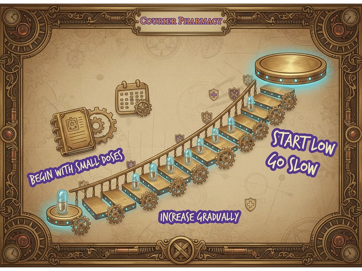 Steampunk staircase infographic showing low dose naltrexone titration, start low go slow, increase gradually, created for courierpharmacy.co.uk.