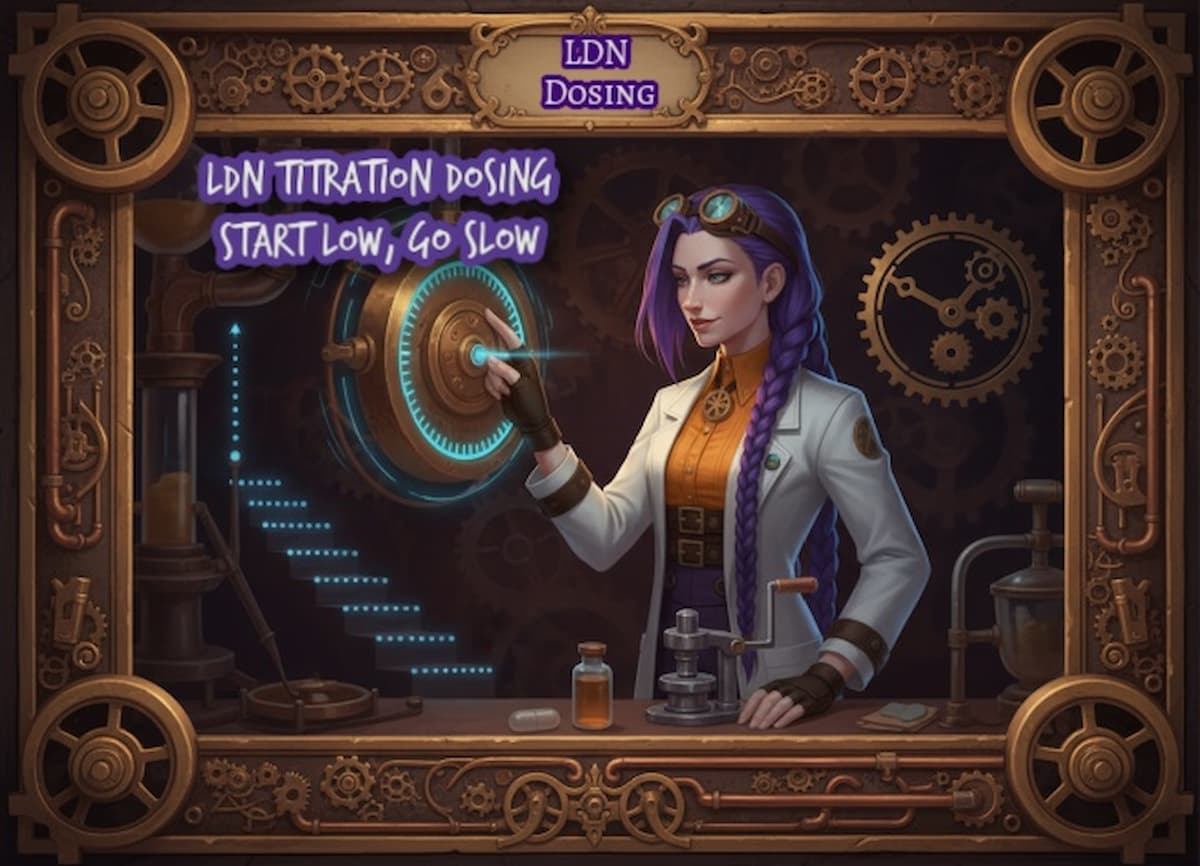 Start low go slow LDN titration with Dr Ada Jex Cori | courierpharmacy.co.uk Dr Ada Jex Cori in a steampunk lab adjusting a dosing dial and step markers to show “start low, go slow” low dose naltrexone titration on courierpharmacy.co.uk.
