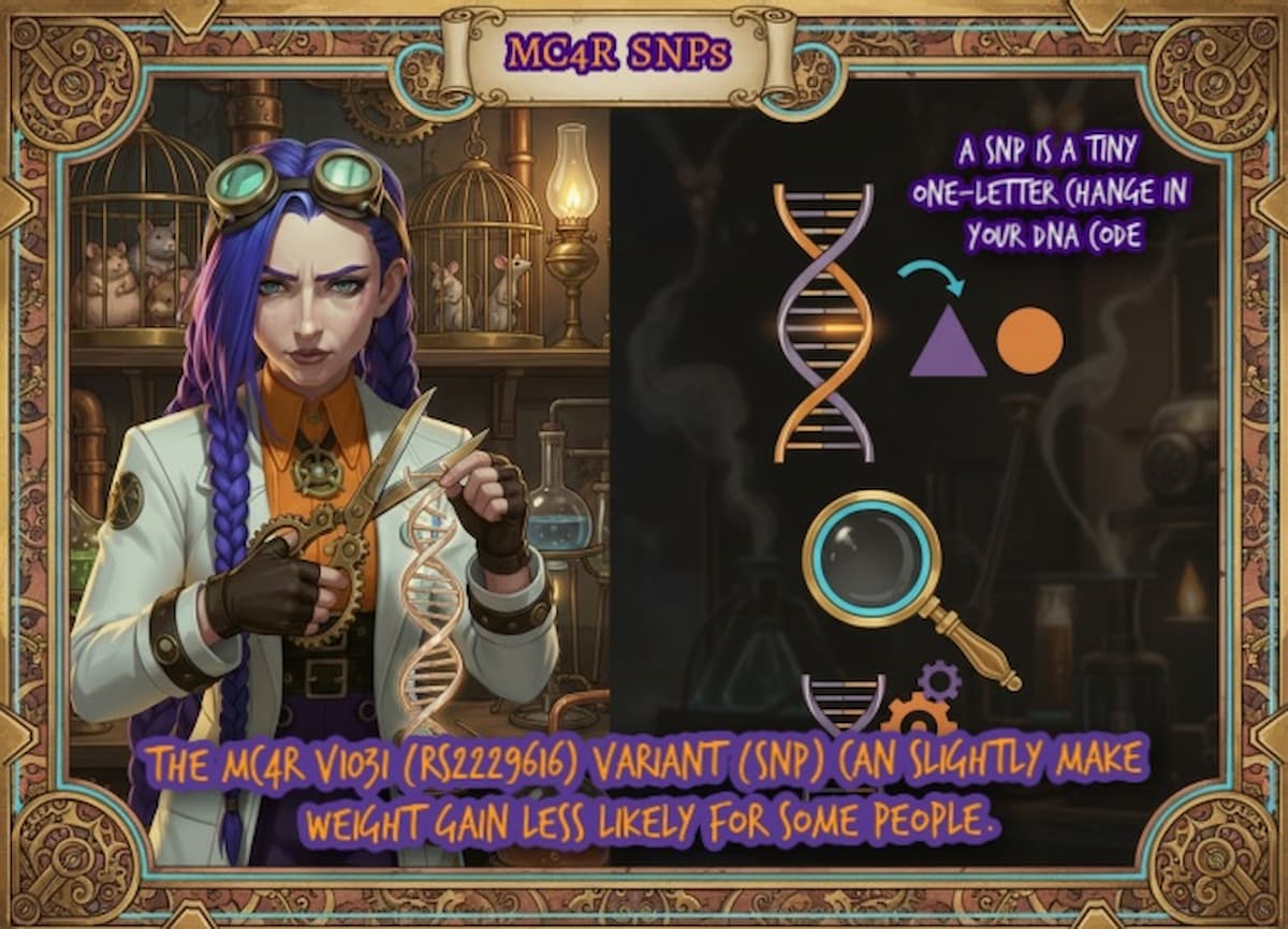 Dr Ada Jex Cori cutting a glowing DNA strand in a steampunk lab infographic showing a highlighted SNP change in the MC4R gene, for courierpharmacy.co.uk.