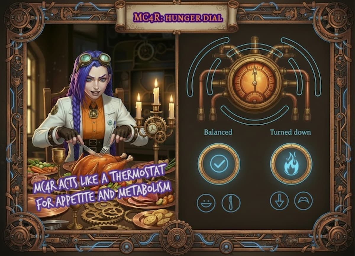 Dr Ada Jex Cori eating in a steampunk lab infographic with a large thermostat dial and icons showing balanced versus turned-down appetite and metabolism, for courierpharmacy.co.uk.