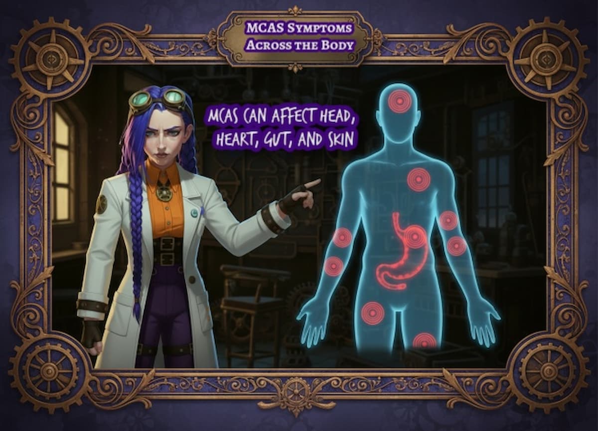 Dr Ada Jex Cori points to a body map with red target markers on the head, heart, stomach, and arms to show MCAS symptoms for courierpharmacy.co.uk.