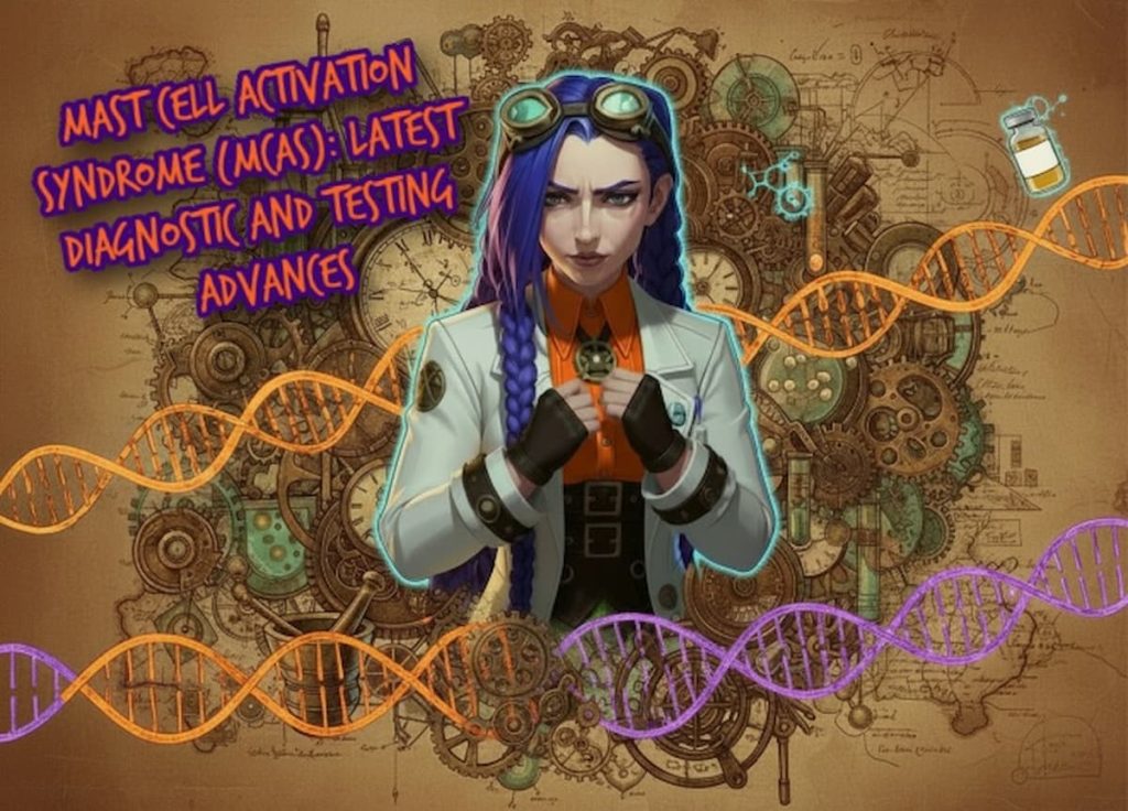 Dr Ada Jex?Cori in a steampunk pharmacy lab collage illustrating MCAS diagnosis, tryptase testing, urinary mediators and the Vienna Consensus at courierpharmacy.co.uk.