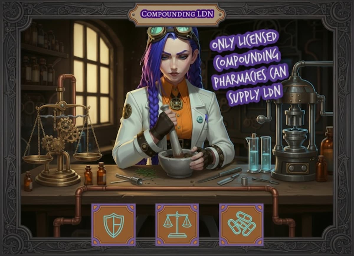 Only licensed compounding pharmacies can supply LDN with Dr Ada Jex Cori | courierpharmacy.co.uk Dr Ada Jex Cori compounding low dose naltrexone at a steampunk pharmacy bench to show only licensed compounding pharmacies can supply LDN on courierpharmacy.co.uk.