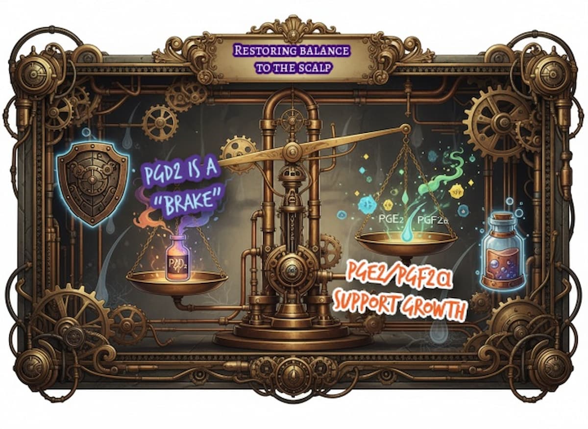 A steampunk balance scale contrasts PGD2 against growth-supporting prostaglandins, with protective therapy symbols, guided by Dr Ada Jex Cori at courierpharmacy.co.uk.