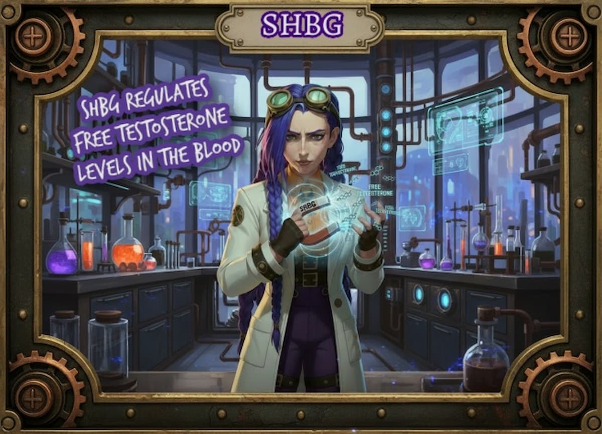 Dr Ada Jex Cori in a modern steampunk lab using a magnet-style visual to show SHBG binding and reducing free testosterone for courierpharmacy.co.uk.