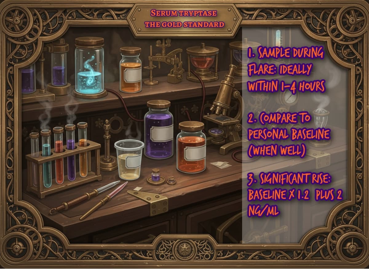 Infographic explaining serum tryptase timing and the 20% + 2 rule for MCAS testing from courierpharmacy.co.uk.