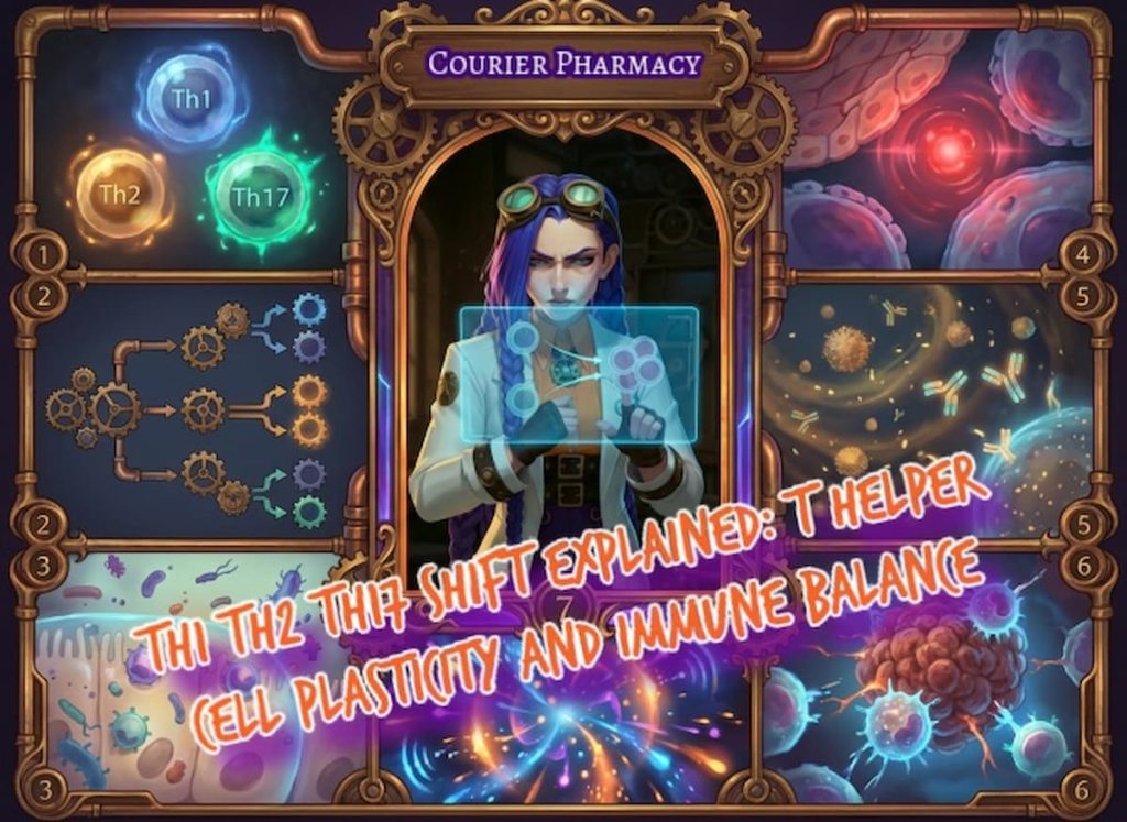 Dr Ada Jex Cori investigating Th1 Th2 Th17 shifts in a steampunk immune collage infographic for courierpharmacy.co.uk, showing T helper cell differentiation, plasticity, and immune outcomes.