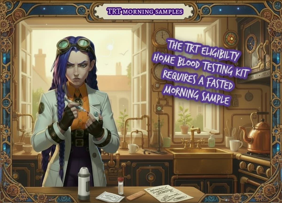 Dr Ada Jex-Cori takes a morning finger-prick blood sample in a steampunk kitchen, showing how to collect a home testosterone test sample for courierpharmacy.co.uk.