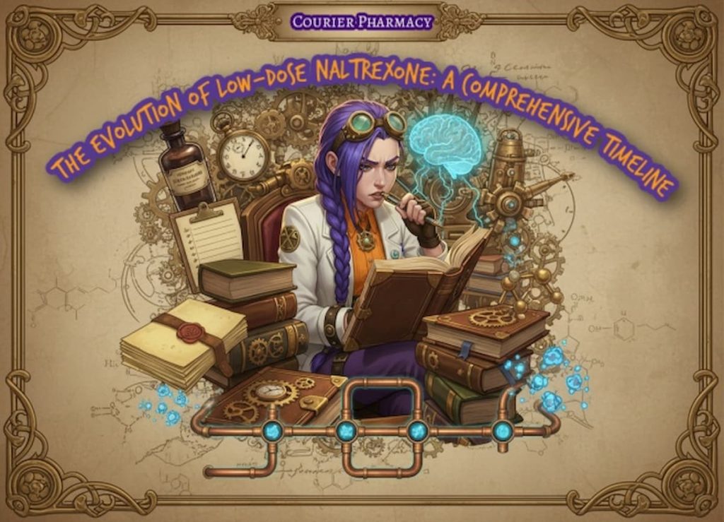Dr Ada Jex?Cori researches low?dose naltrexone (LDN) in a steampunk laboratory collage with timeline and science symbols, created for courierpharmacy.co.uk.