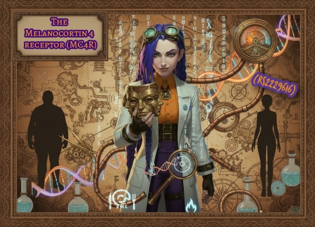 Dr Ada Jex Cori holding a Janus mask representing the MC4R gene in a steampunk collage with DNA strands, SNP symbols, scissors cutting DNA, body silhouettes and a prominent thermostat dial for appetite and metabolism, for courierpharmacy.co.uk.