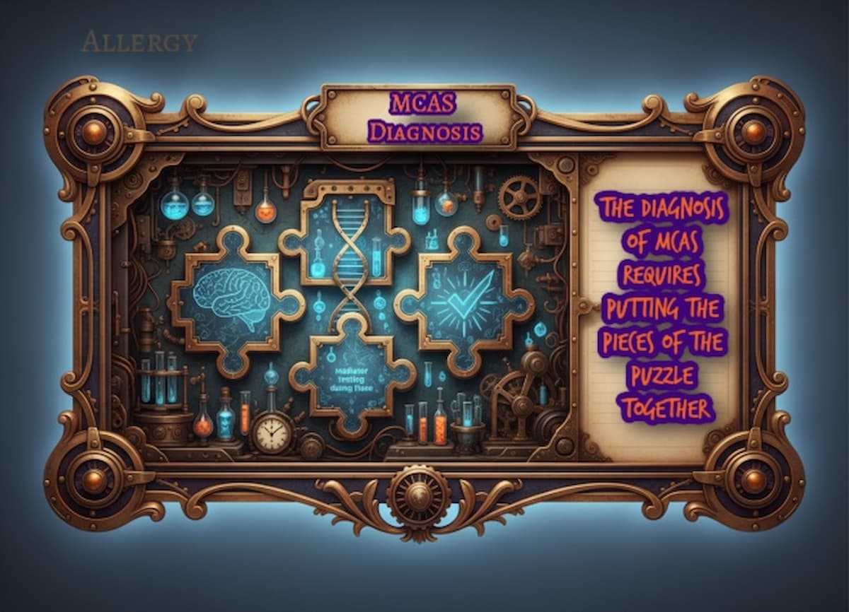 Steampunk puzzle-board infographic showing the three-part approach to MCAS diagnosis for courierpharmacy.co.uk.