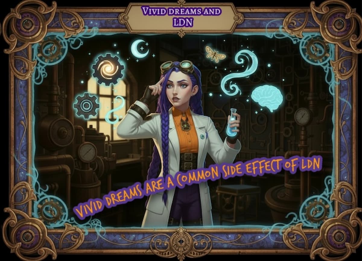 Dr Ada Jex?Cori in a steampunk pharmacy lab infographic explaining that vivid dreams are a common side effect of low dose naltrexone (LDN) on courierpharmacy.co.uk.