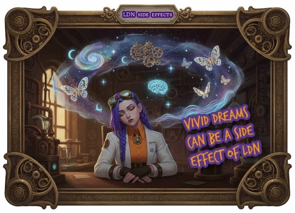 Dr Ada Jex?Cori in a steampunk pharmacy lab illustration explaining that vivid dreams can be a side effect of low dose naltrexone (LDN) from courierpharmacy.co.uk.