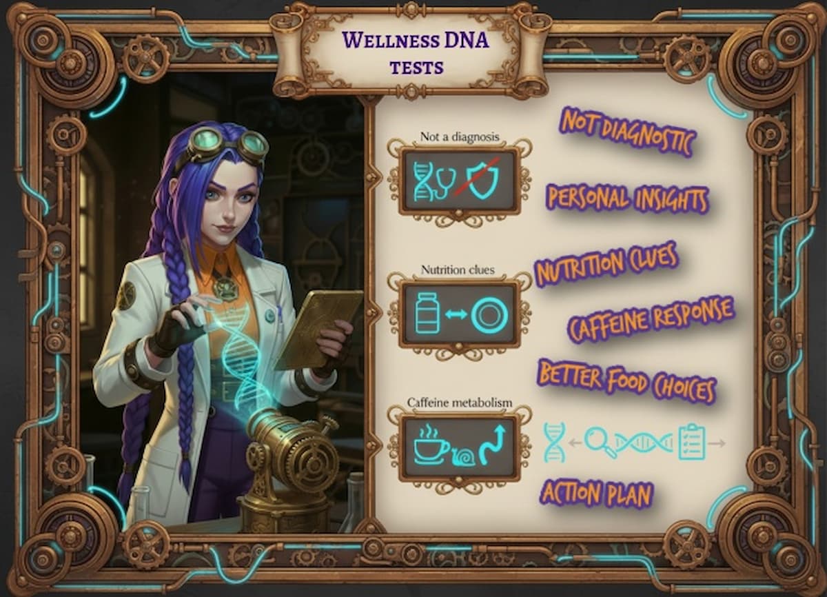 Dr Ada Jex Cori reviewing a glowing DNA strand beside icon panels showing what wellness DNA tests can tell you, infographic for courierpharmacy.co.uk.
