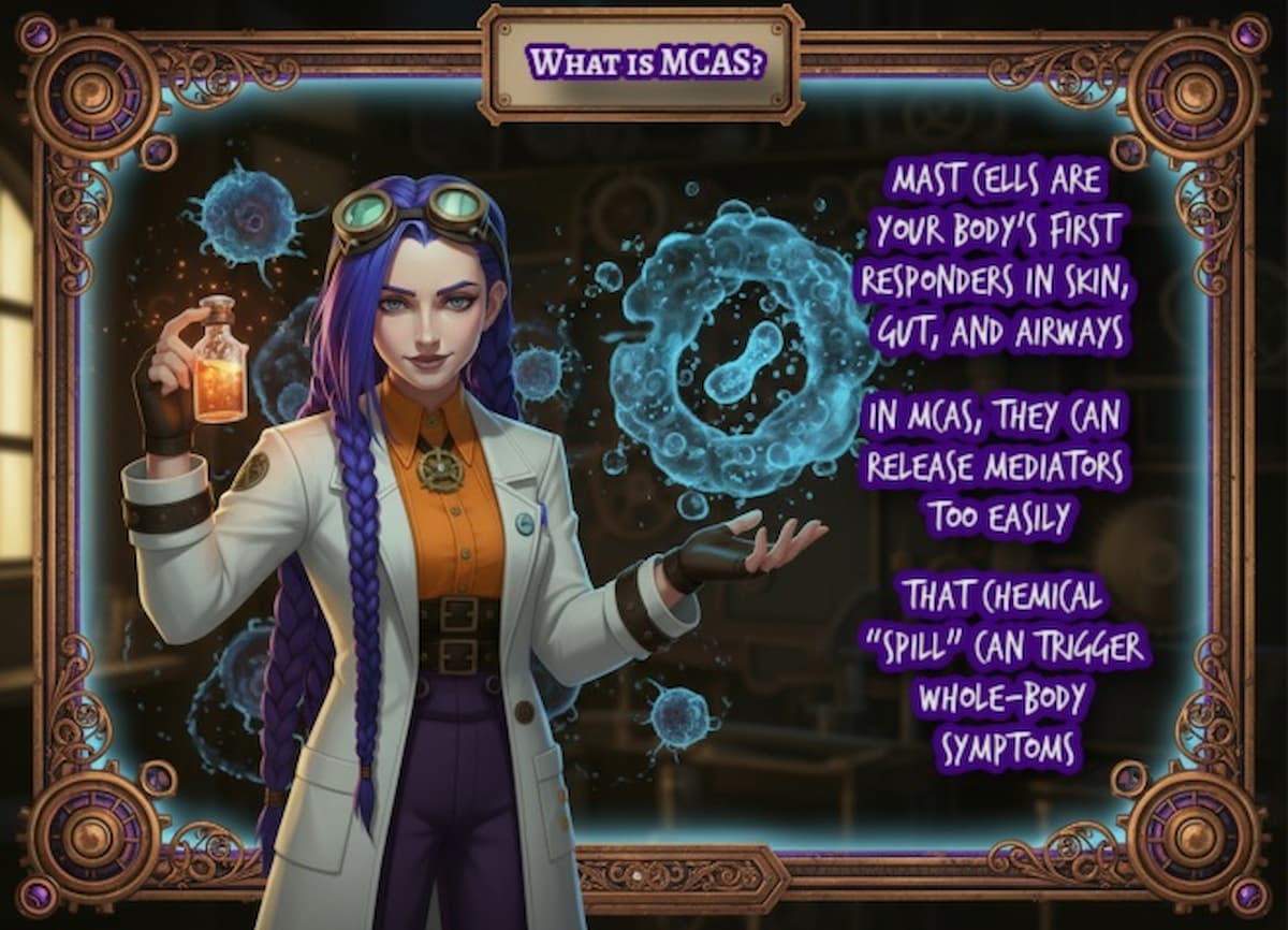 Dr Ada Jex Cori holds a glowing vial representing mast cell mediators in an MCAS infographic for courierpharmacy.co.uk.