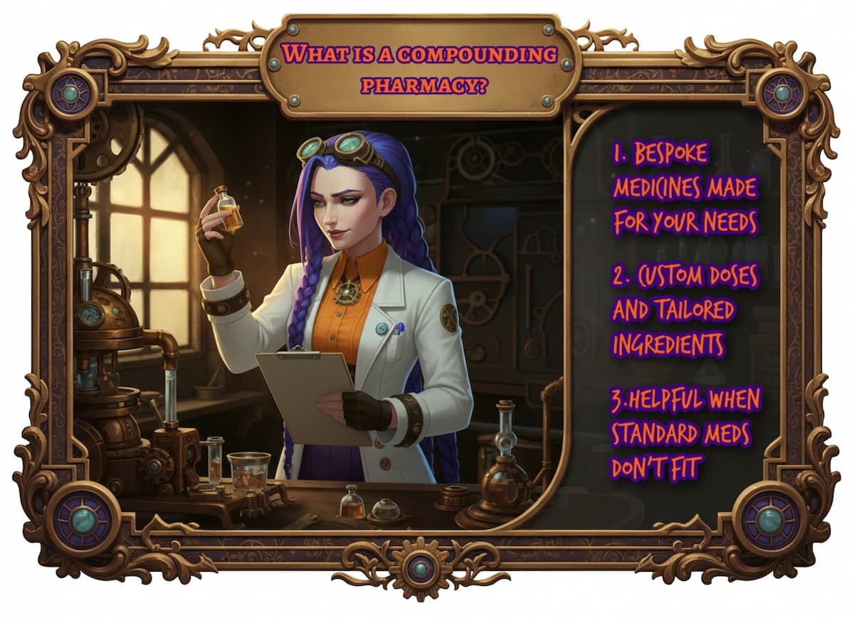 Dr Ada Jex Cori inspects a vial in a steampunk compounding lab, representing personalised medicines from a UK compounding pharmacy at courierpharmacy.co.uk.