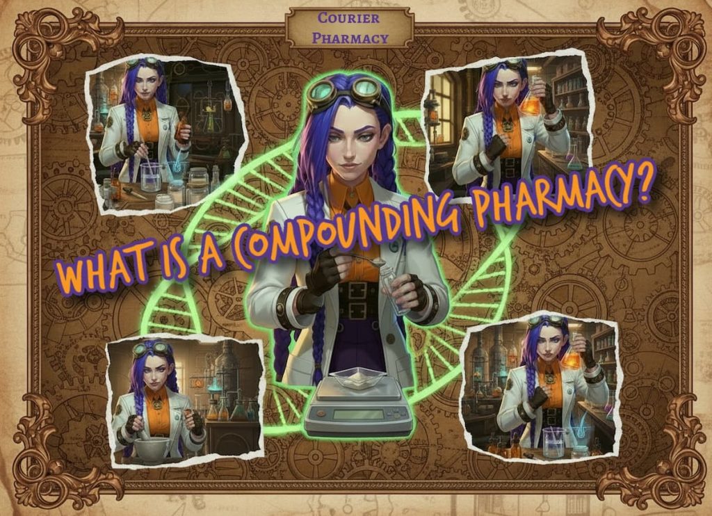Collage showing Dr Ada Jex Cori compounding medicines, including weighing powders, mixing with a mortar and pestle, measuring liquids, and preparing bespoke formulations in a UK compounding pharmacy.