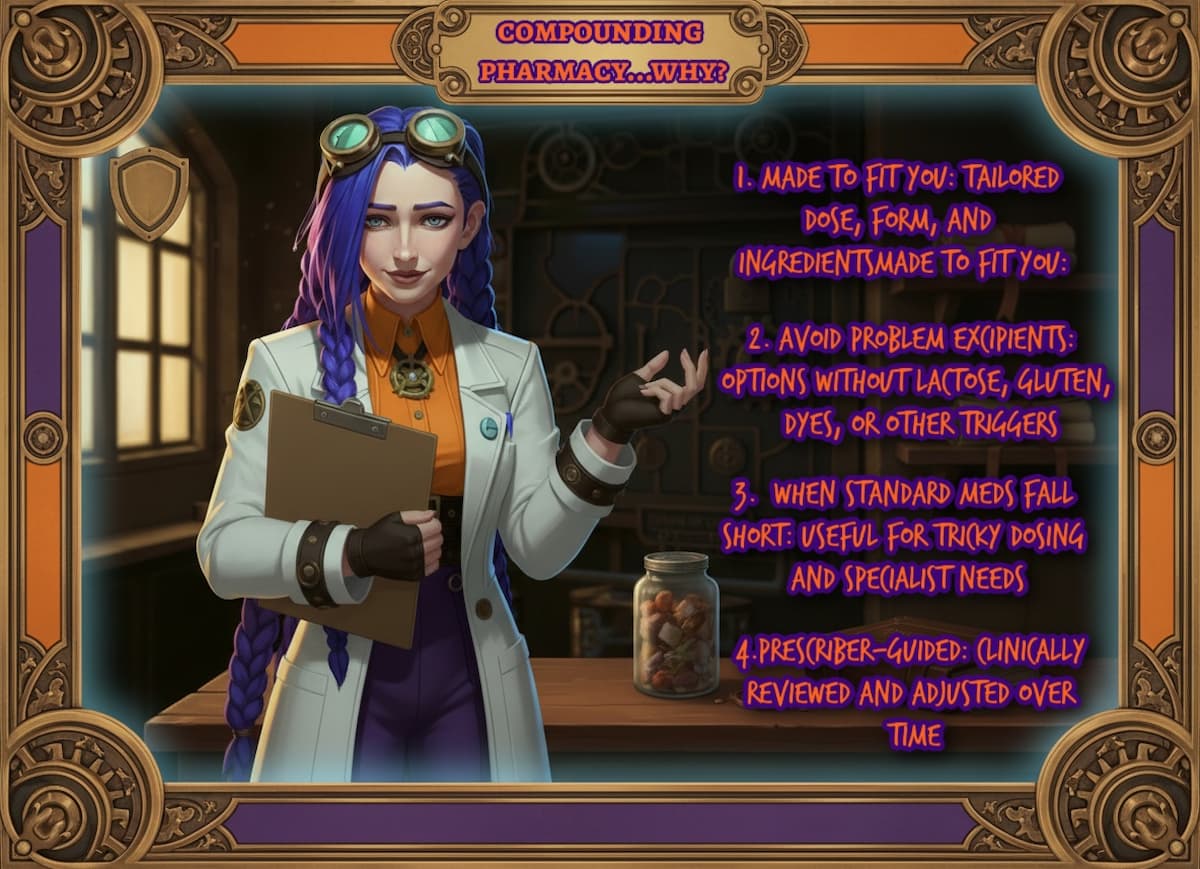 Why choose a compounding pharmacy? Infographic | courierpharmacy.co.uk Dr Ada Jex Cori in a steampunk pharmacy lab with safety and quality cues, representing why patients choose a UK compounding pharmacy for bespoke treatments at courierpharmacy.co.uk.