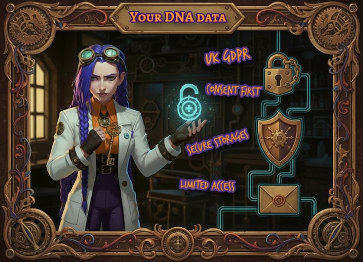 Dr Ada Jex Cori holding a key and a glowing security icon beside lock, shield and sealed envelope symbols in a steampunk lab infographic for courierpharmacy.co.uk.