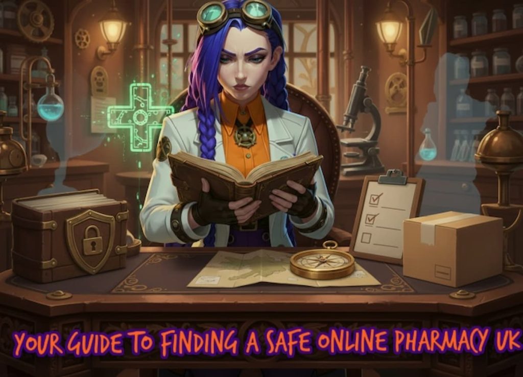 Dr Ada Jex Cori reading a guide with a UK map, checklist and privacy lock, illustrating how to choose a safe online pharmacy in the UK.