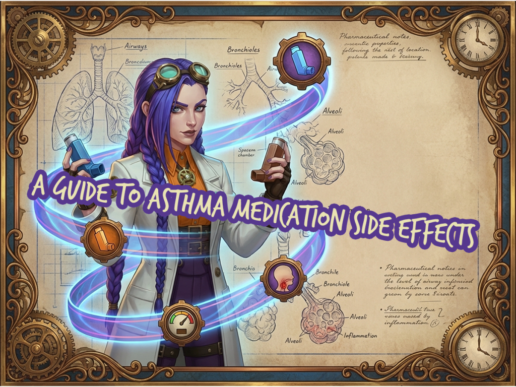 Dr Ada Jex Cori examines blue reliever and brown preventer inhalers surrounded by hand-drawn lung and airway diagrams, with a glowing airflow ribbon and steampunk border at courierpharmacy.co.uk