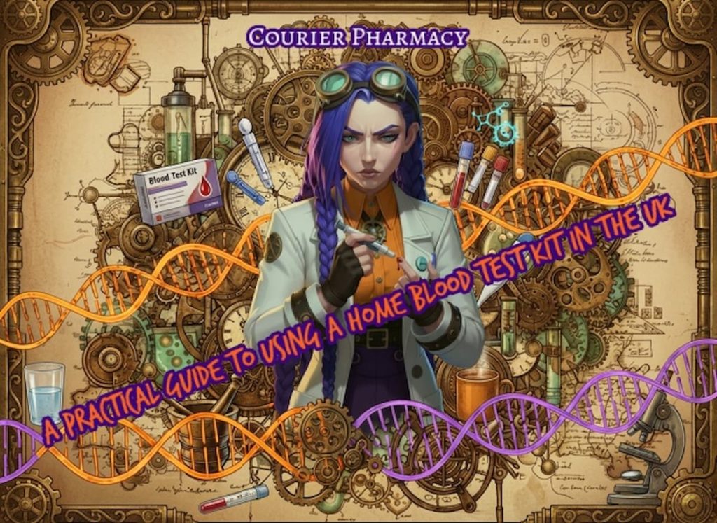 Dr Ada Jex Cori from courierpharmacy.co.uk holding a lancet for finger prick blood testing, surrounded by home blood test kit boxes, collection tubes, test strips, thermometer, water glass, warm mug, DNA helix patterns, gears, and steampunk scientific instruments in ornate brass border frame – professional collage infographic