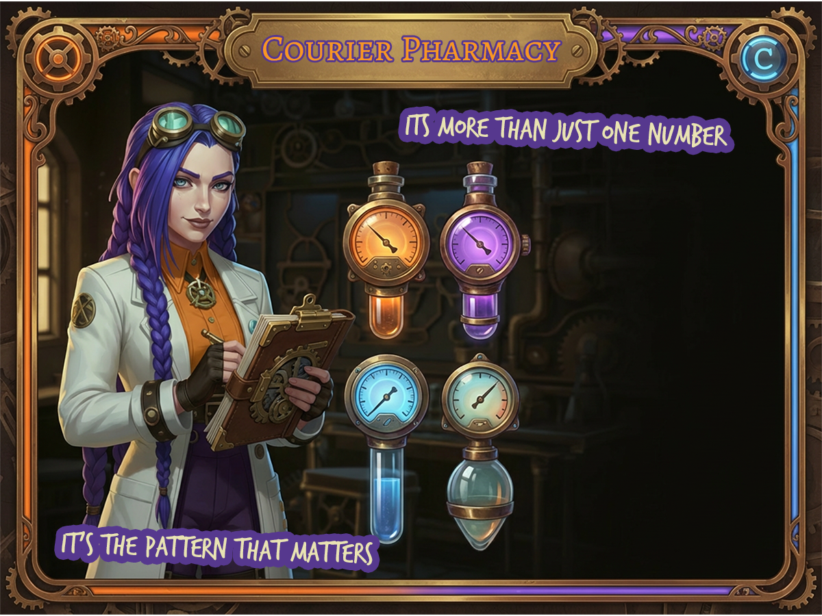 Cholesterol blood test explained lipid profile LDL HDL triglycerides | courierpharmacy.co.uk Dr Ada Jex Cori in a steampunk lab beside four distinct lipid gauges representing a cholesterol blood test profile at courierpharmacy.co.uk