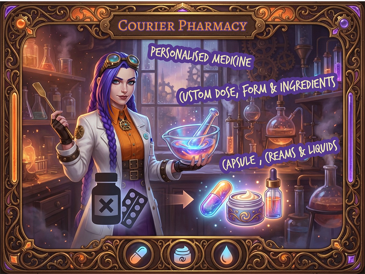 Dr Ada Jex Cori introduces compounding pharmacy and personalised medicine, showing custom dose, ingredients and formats in a Courier Pharmacy infographic for courierpharmacy.co.uk.